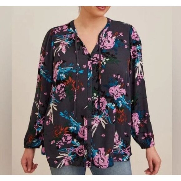 Torrid Womens US Size 4X Floral Print Gray Button-Front Blouse Rayon Long Sleeve - Picture 1 of 10